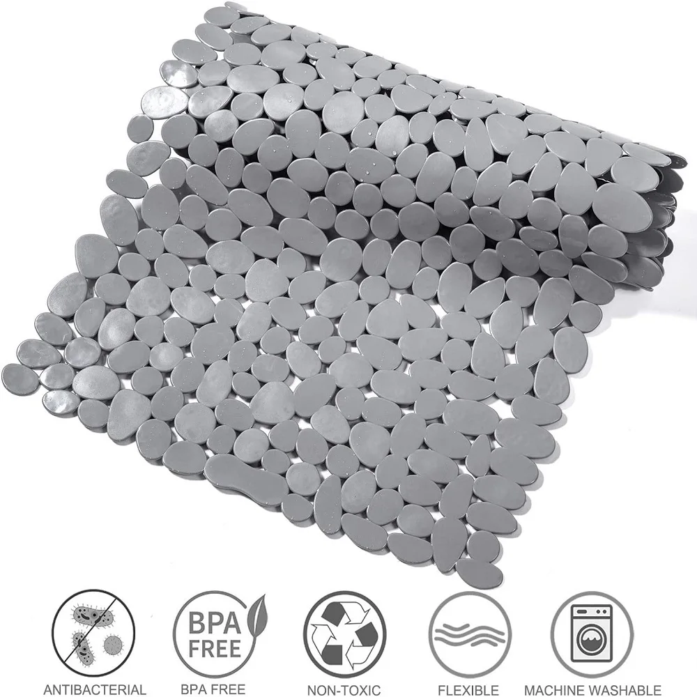 Non-Slip Bath Tub Shower Mats Pebble Shape Machine Washable Bathtub Mat With Drain Holes Suction Cups For Bathroom