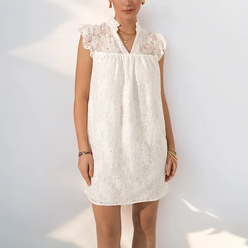 

2025 Summer New Women's Fashion Lace Solid Color Simple Skirt Casual Temperament Elegant V-neck Dress Lady