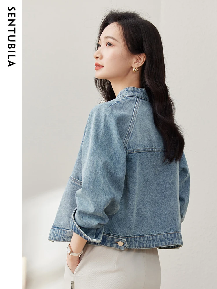 SENTUBILA Cropped Denim Jacket Coat for Women 2024 Spring Casual Stand Collar Long Sleeve Cotton Jeans Jackets Outwear W33W50369