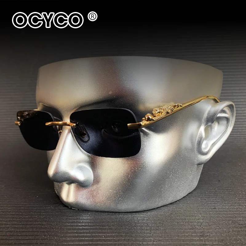 

New Rimless Rectangle Vintage Metal Leopard Head Sunglasses Fashion Frameless Tinted Glasses Shades For Women Men