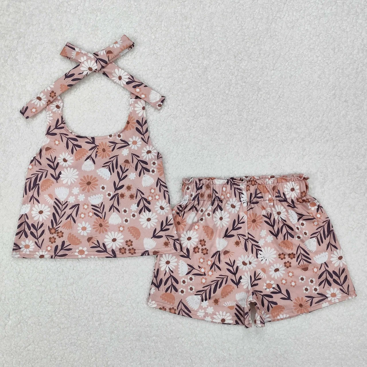 Wholesale Children Infant Summer Outfit Toddler Halter Floral Tunic Kid Flower Shorts Clothes Baby Girl Sleeveless Two-piece Set