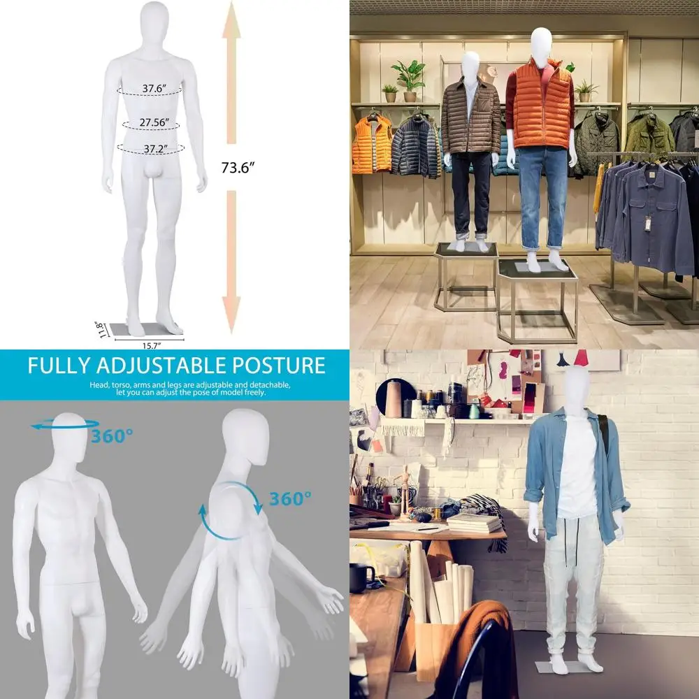 

73 Inch Full Body Male Mannequin with Adjustable Posture, Rotatable, Flexible Limbs for Sewing Display, White