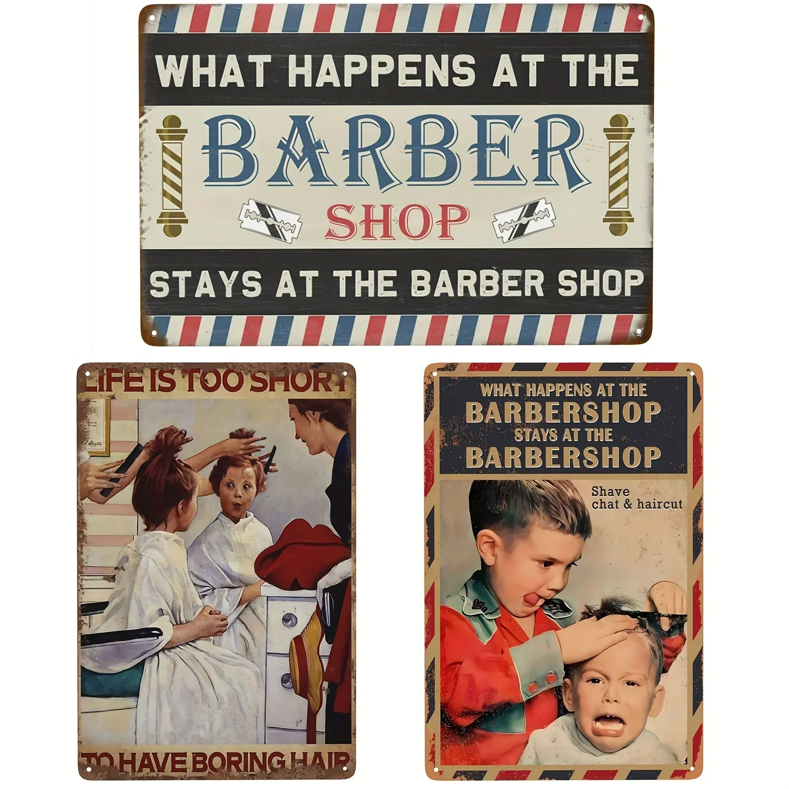 Barber Sign Barbershop Wall Poster Vintage Barber Shop Metal Signs Wall Decor Haircut Posters, What Happens At The Stays At The