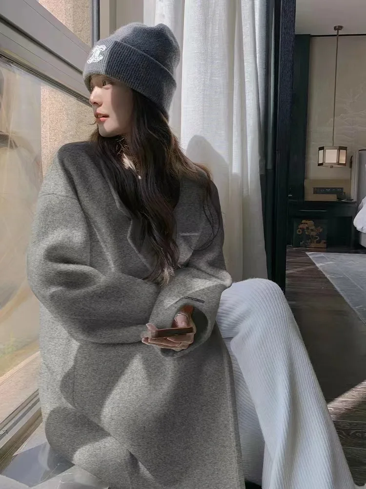 Cappotto di lana double face Stile coreano Autunno Inverno Nuovo arrivo Colletto di abito di media lunghezza da donna Capispalla di pura lana