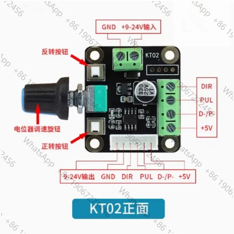 Stepper motor controller, pulse generator, speed regulator knob, rotating motor, testing speed, fast/slow