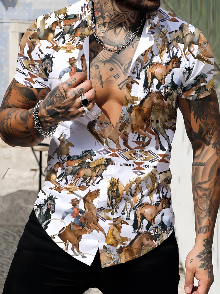 

Street Fashion Trend Shirts Summer Loose Casual Oversize Short -Sleeved Shirt Cowboys Riding Horses 3d Digital Printing Shirts