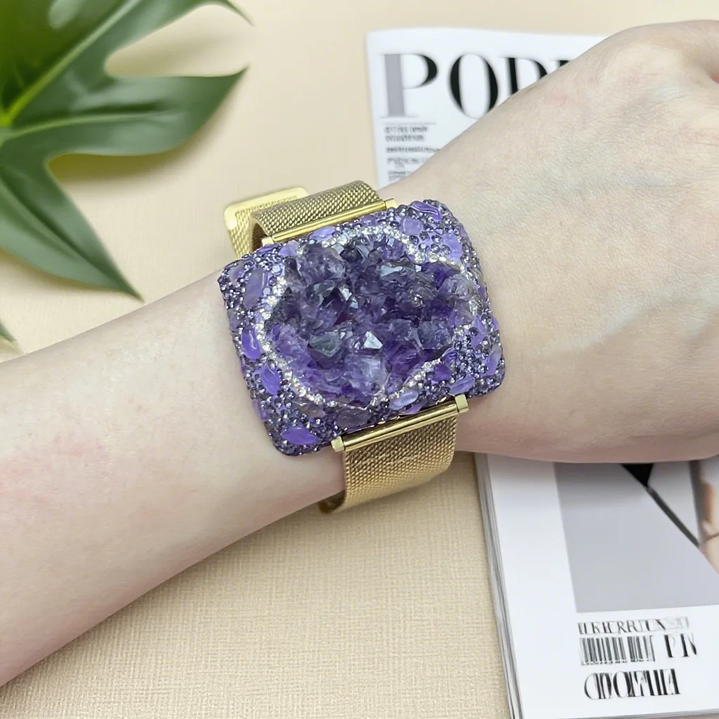 

Natural Amethyst Bracelet Hand-Inlaid Raw Stone Bangle Versatile High-End Stainless Steel Watch Belt Wristband Factory Wholes