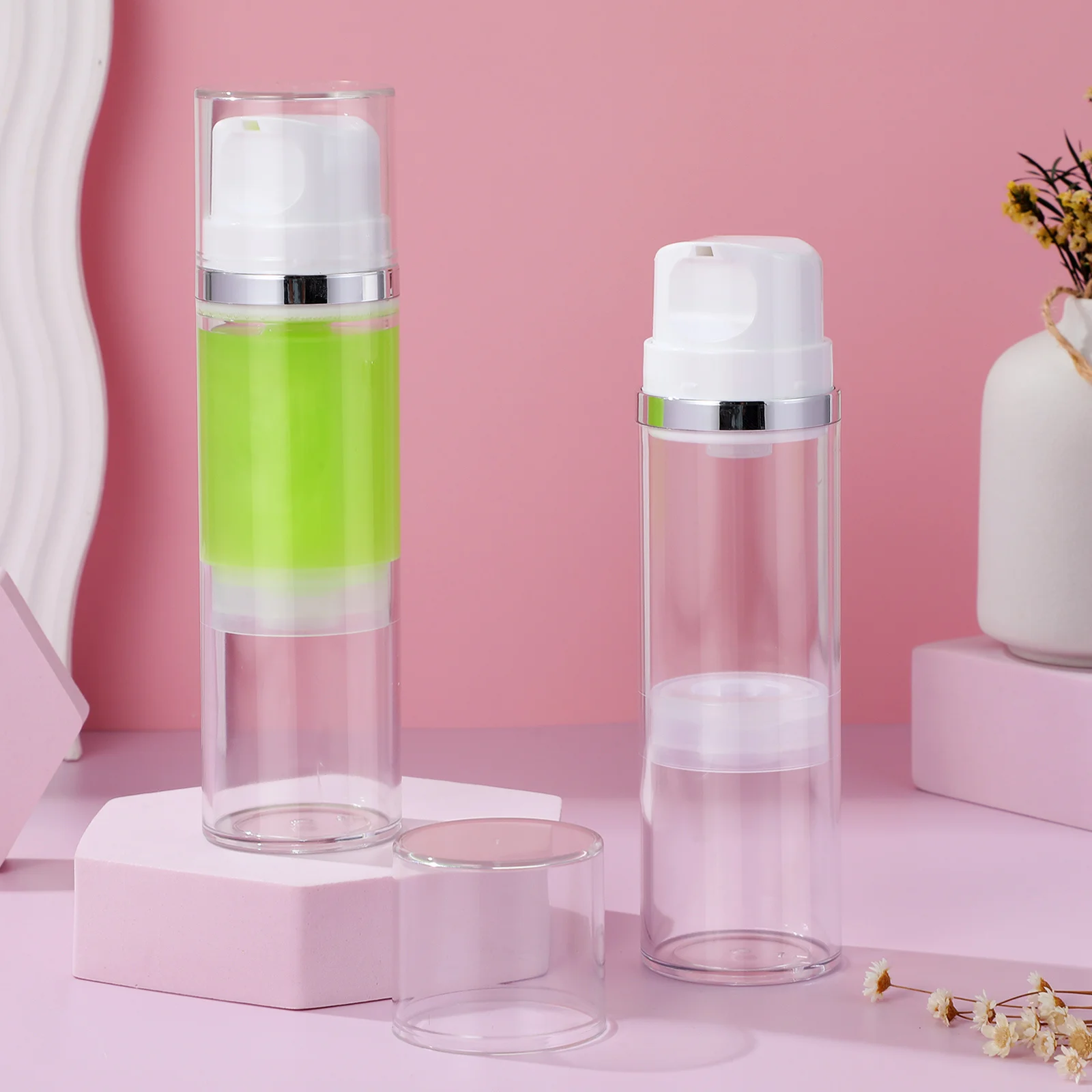 

2Pcs Travel Lotion Pump Containers Airless Technology Refillable Cream Bottle Vacuum Dispenser for Skincare Products Portable