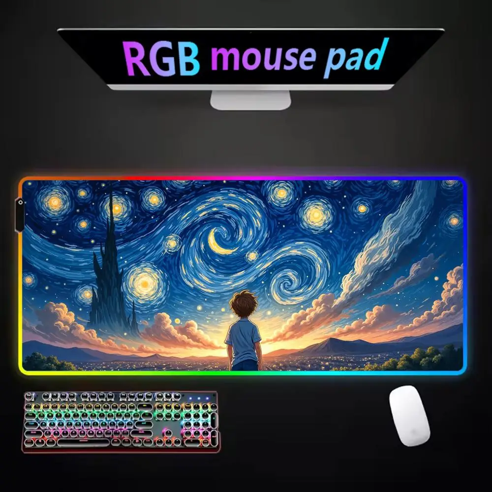 

Van Gogh Fairy Tale Boy Mouse Pad RGB Keyboard Colorful MousePad LED Light E-sports Mousepad Computer Gamer Glow Long Desk Mat