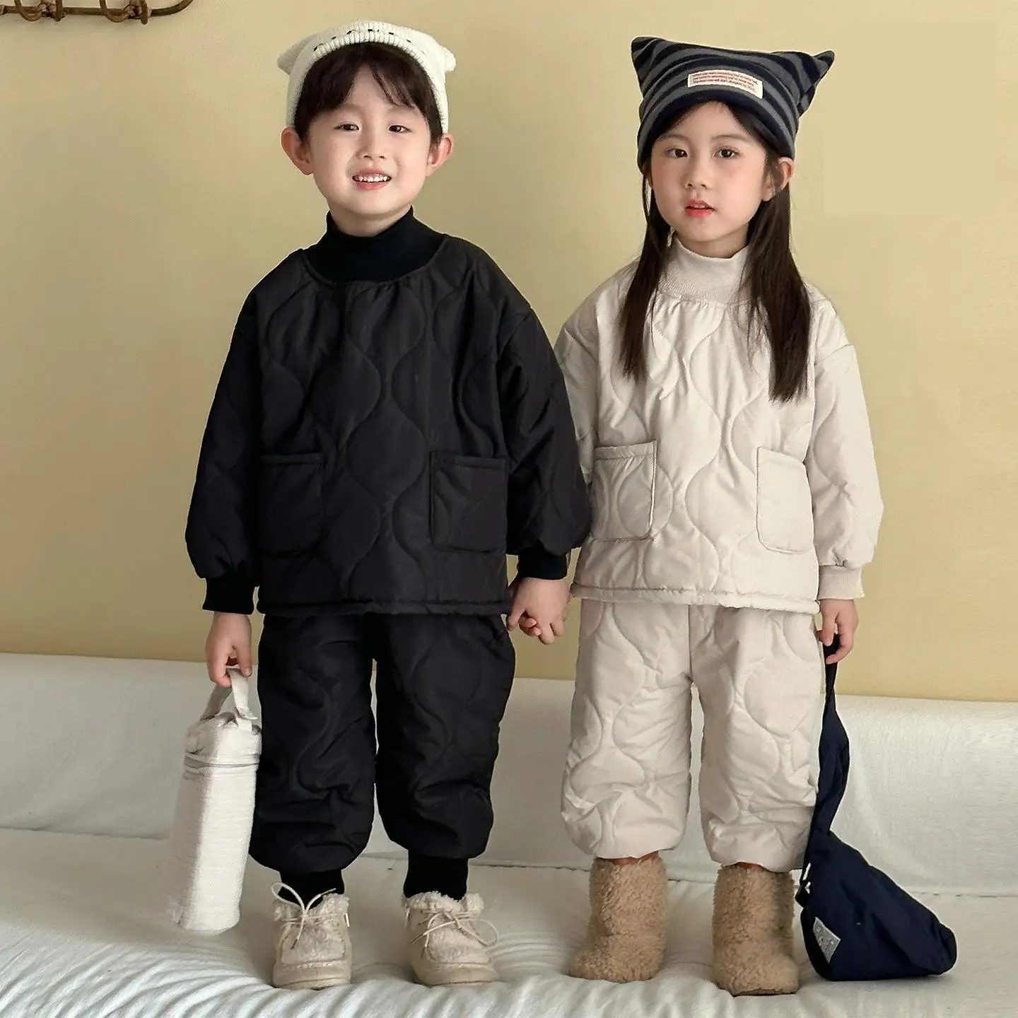 

2025 Winter New Children Plus Velvet Thick Clothes Set Boys Girls Padded Jacket + Pants 2pcs Suit Solid Kids Fleece Warm Outfits