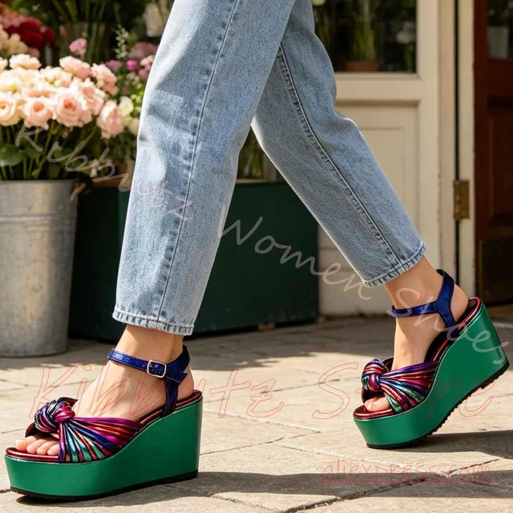 Knot Front Platform Sandals Ankle Buckle Wedge Women Open Toe Slingback Metallic Fabric Mixed Color Vacation Party Shoes Fashion