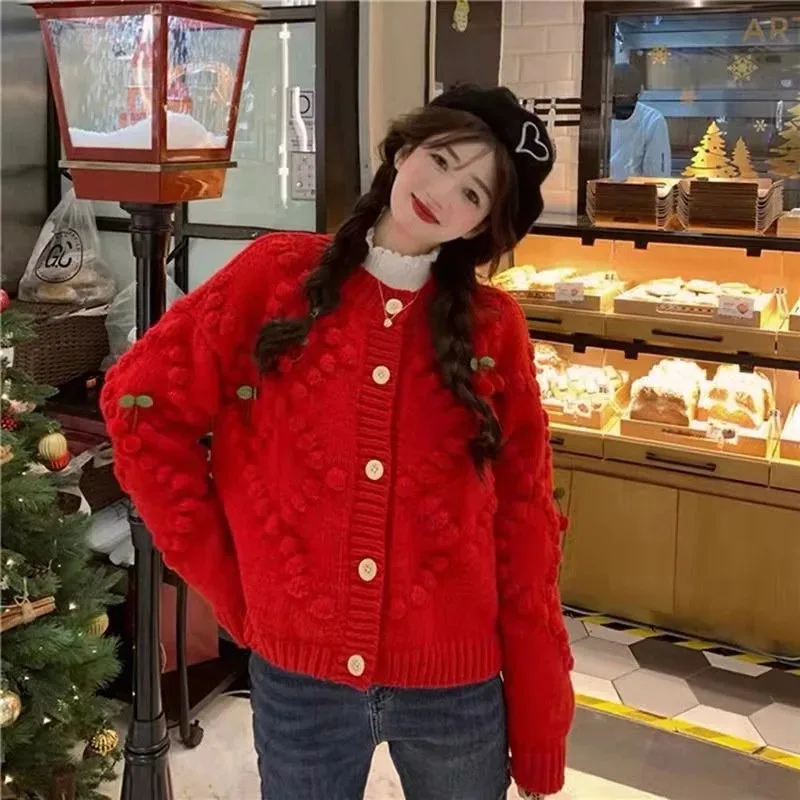 Embroidered Three-dimensional Knit Cardigan Women Korean O-Neck Cherry Sweet Soft Lazy Contrast Loose College Thick Warm Sweater