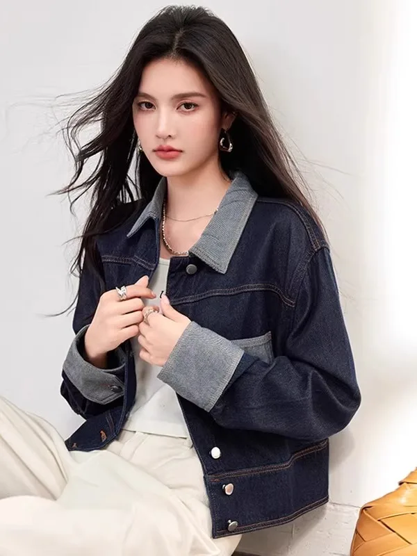 

Korean Sle Loose Long Sve Denim Jaet Women's Autumn Winter Spring New Sle ort Slimming Top Polyester Fiber