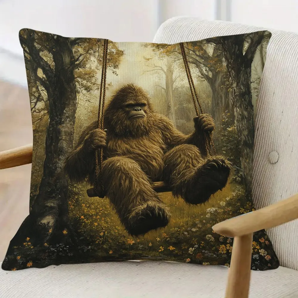 1pc Funny Bigfoot on Swing Pillow Cover, Polyester 2D Double-Sided Print, Whimsical Sasquatch Forest Art, Cryptid Lover Home & C