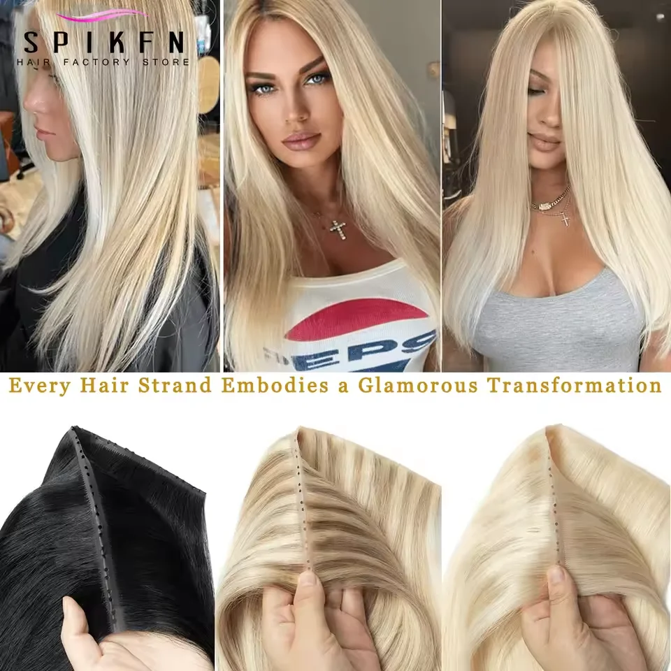 ダブルインジェクトXOホールウェフト人毛エクステ16インチ～24インチ　見えないツインタブウェフトヘア　ナチュラルストレート　マイクロヘアで通すタイプ