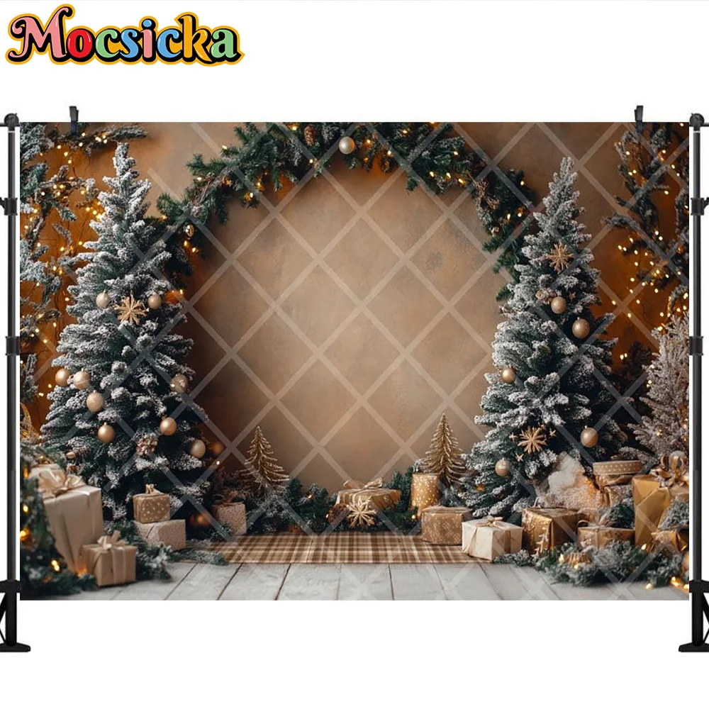 Mocsicka fotografia pano de fundo árvore de natal grinalda presente decoração do quarto família natal feriado retrato fundo para fotografia