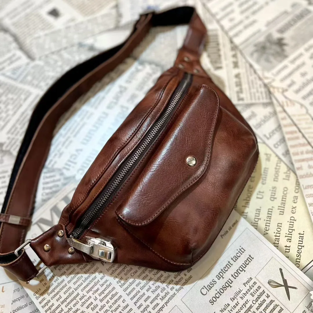 Riñonera multifuncional de primera capa de cuero de vaca, riñonera Vintage de cuero genuino para el pecho, bolso de un solo hombro o cruzado para niños