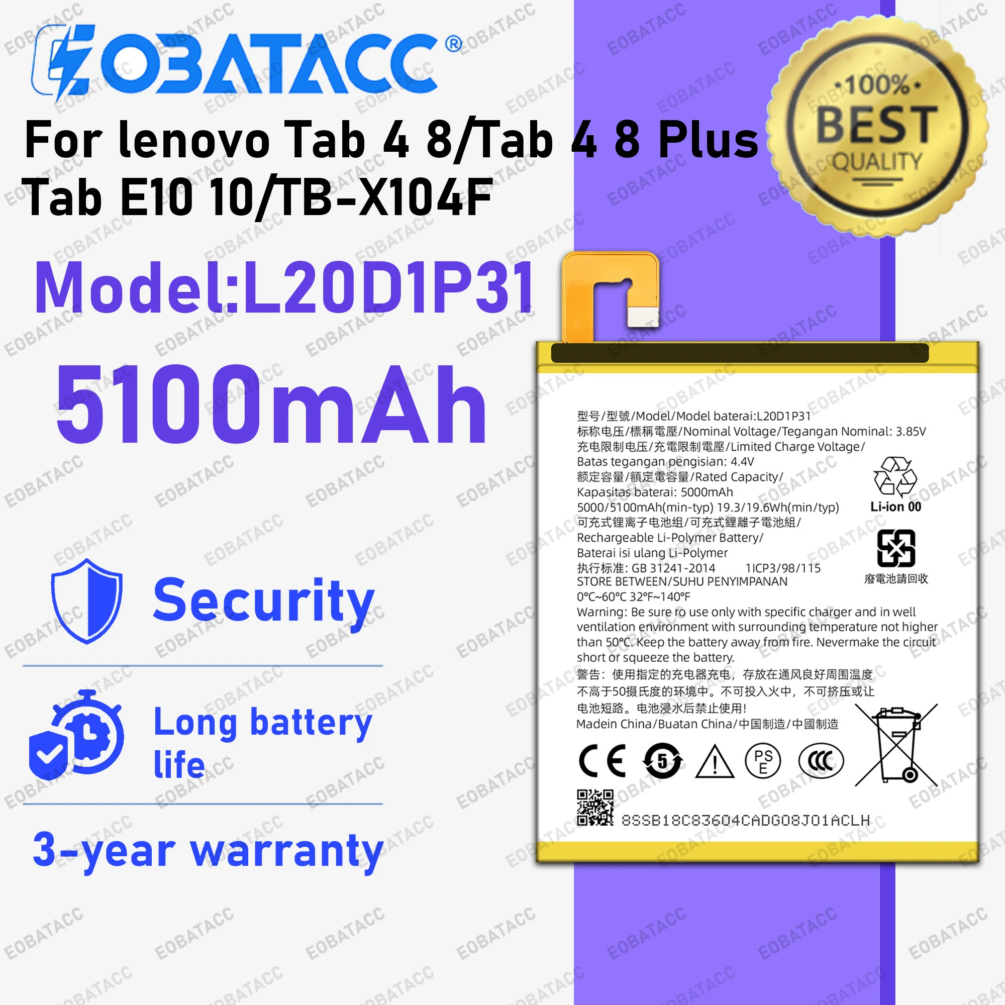 

100% New Zero Cycle Battery L20D1P31 For lenovo Tab 4 8/Tab 4 8 Plus /Tab E10 10/TB-X104F Battery + Free Tools