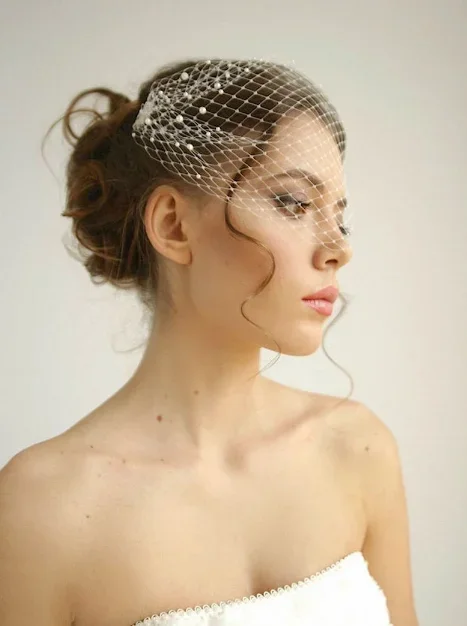 Bridal Birdcage Veil, Freshwater Pearl, Church Short Veil, Hair Jewelry, Wedding Hair Accessories, Face Veil