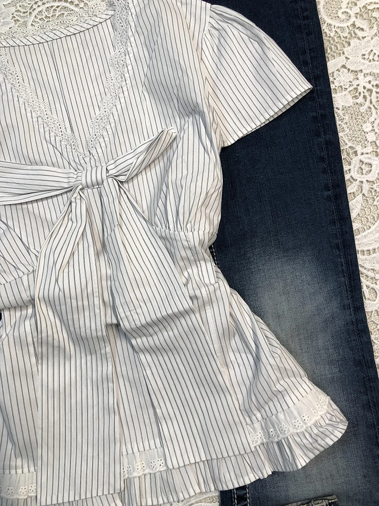 Original Sweet Sle Abnehmen Weiß Gestreifte Taille-Cinching V-ne ort Sve irt für Frauen Faionable Herbst Baumwollmischung