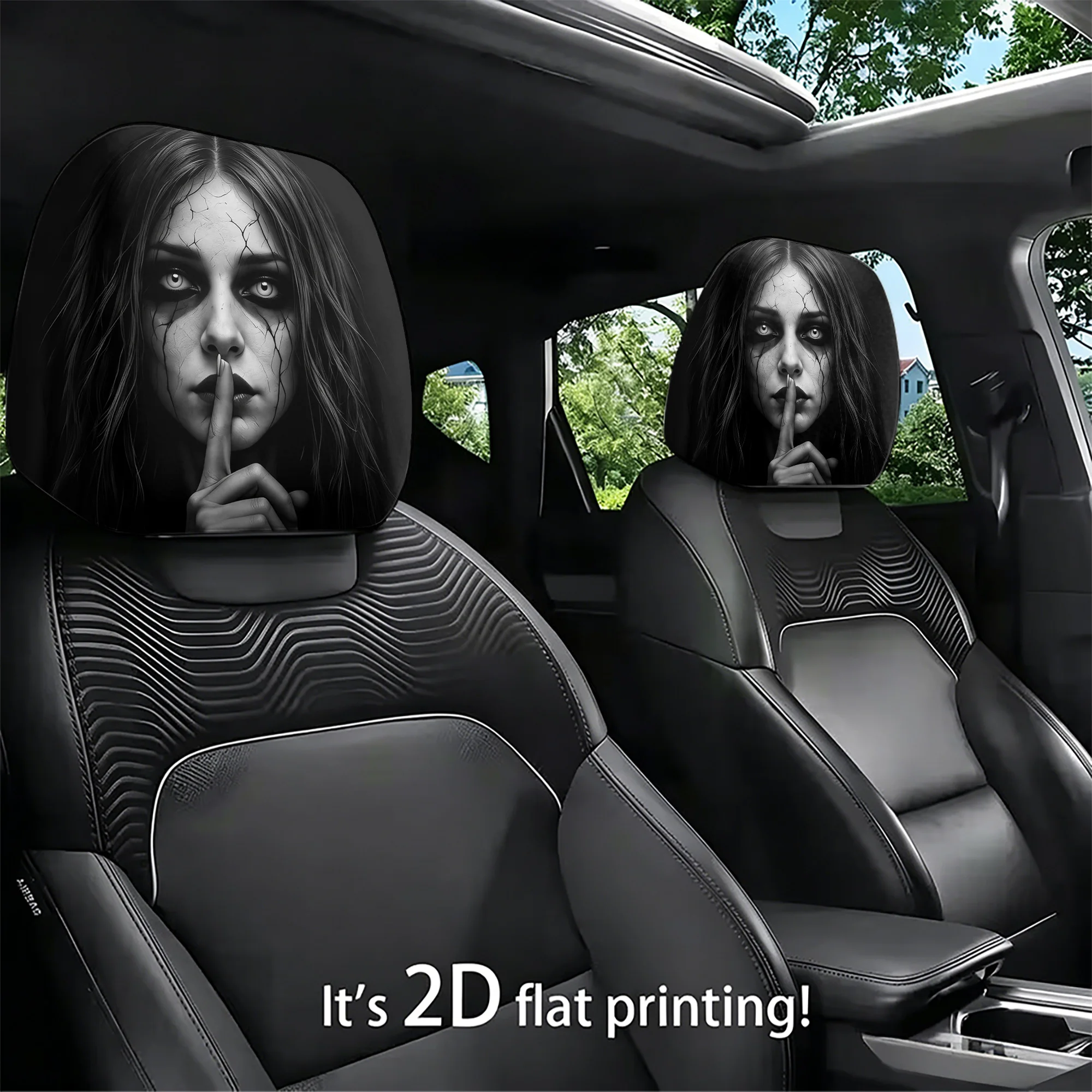 2pcs Car Headrest Covers Featuring Eerie Woman Designs, Adding a Touch of gothic Charm to Your Car’s Interior. Does Not Include