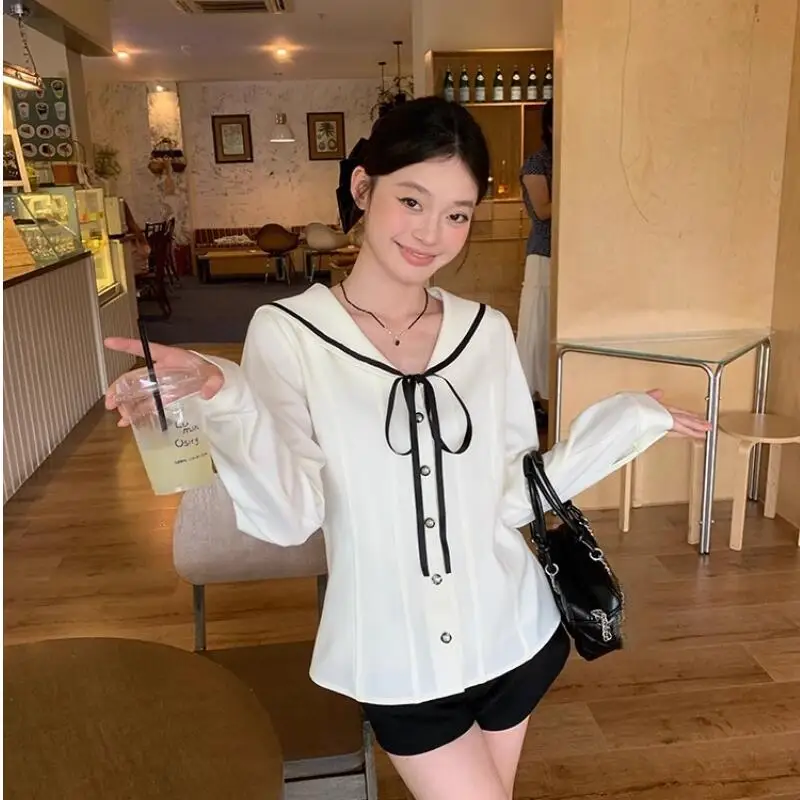 

White Women Long Sleeve Shirt Cotton Blend Spring and Summer 2026 New Korean Style Versatile Slim Fit Fashion Long Sleeve Top