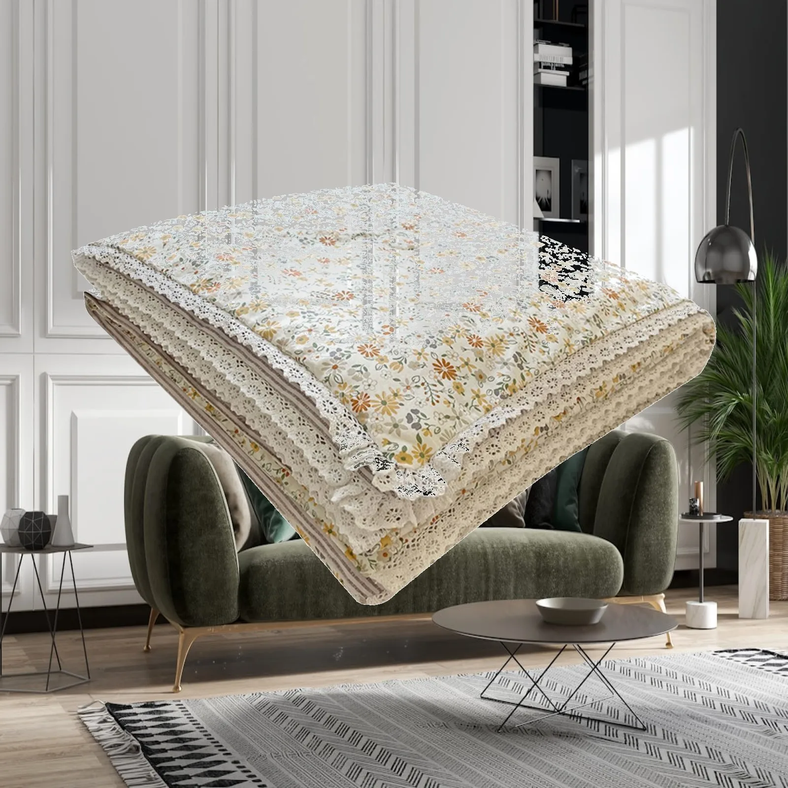 Soft Cozy Cotton Cooling Quilt with Lace Trim Floral Pattern Lightweight Bed Blanket for Adults Living Room Travel Gift