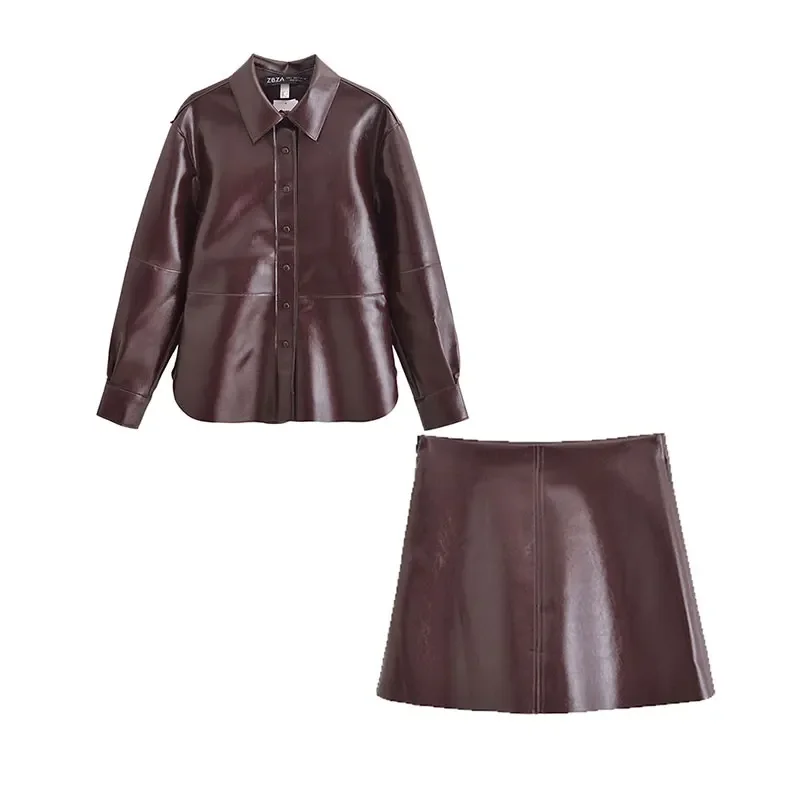 2024 Autumn Winter Vintage Faux Leather Women Suit Long Sleeve Turn-down Collar Jackets Straight Mini Skirt Fashion Suit