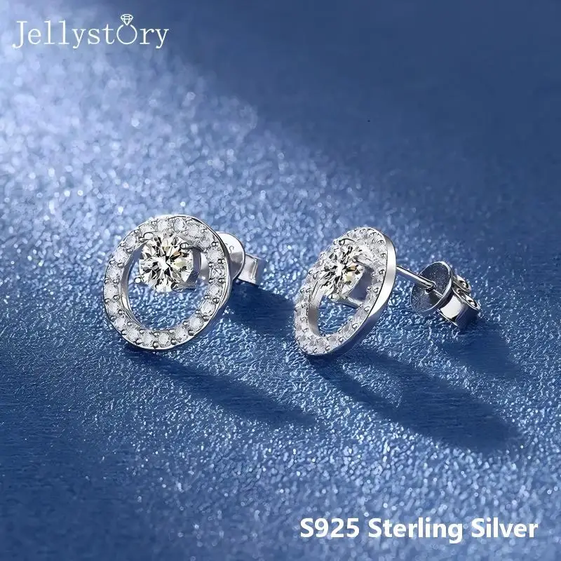 JellyStory Colorful Moissanite Earrings S925 Sterling Silver Circle Studs High-End Simple and Elegant Jewelry for Women