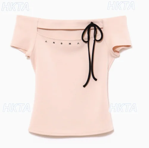 

Japanese Style Summer Sweet One Word Shoulder Bow Hollow Slim Fitting Short Sleeved Tshirt Top Women Versatile Light Pink Tshirt