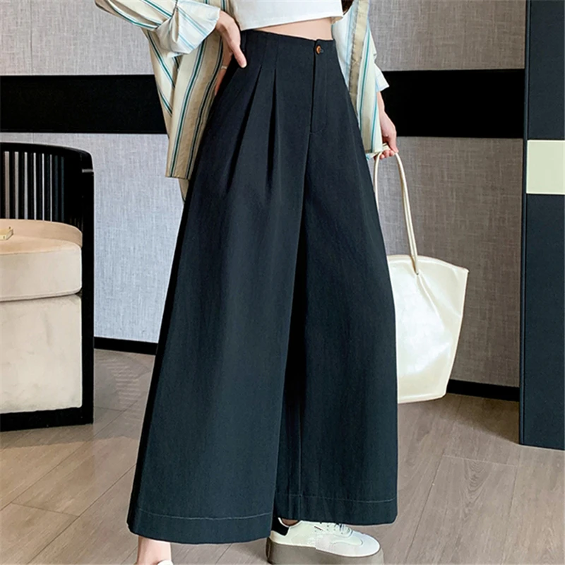 Seoulish pantaloni da donna alla caviglia in tinta unita 2024 autunno nuovo cotone lavato a vita alta gamba larga pantaloni Casual a nove punti femminili