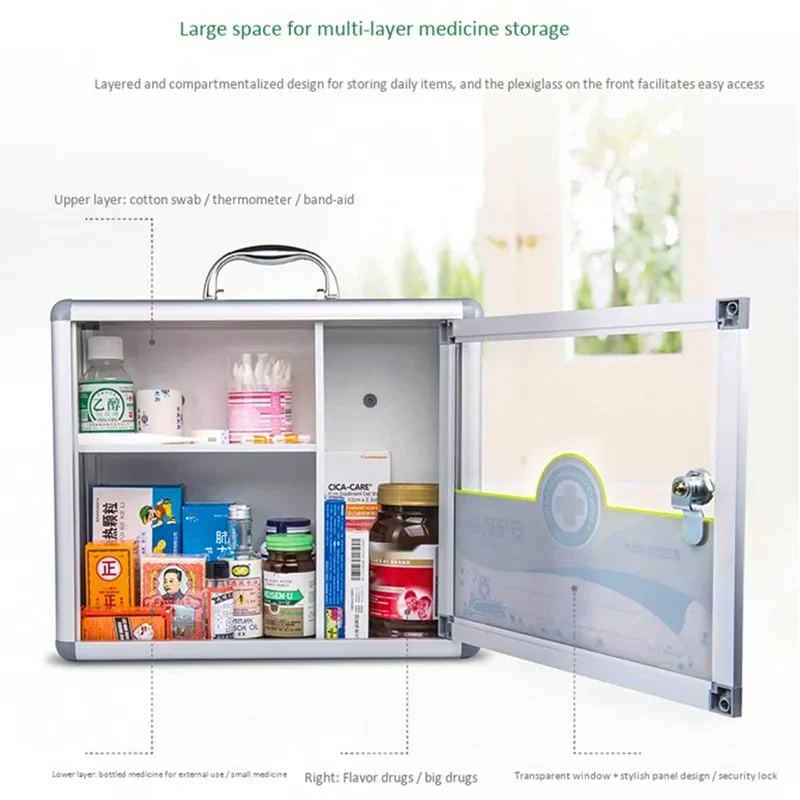 ติดผนังชุดปฐมพยาบาลกระเป๋าเดินทางแบบพกพาอลูมิเนียม PVC การแพทย์ฉุกเฉินกล่องเครื่องมือในครัวเรือนล็อคความปลอดภัยป้องกันกล่องยา