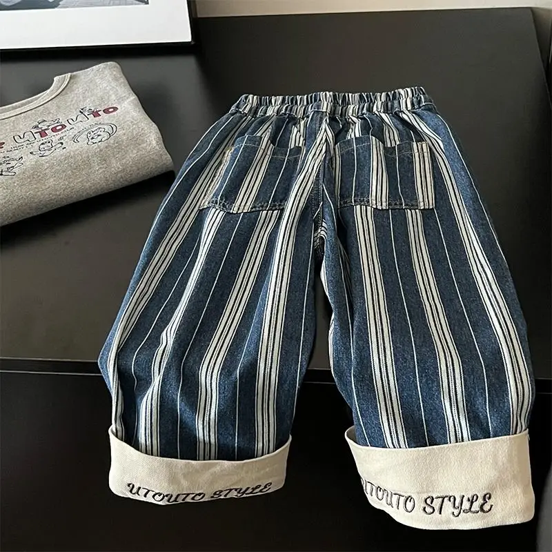 

Pant Spring Autumn Children Clothing 2024 New Style Flanged Striped Jeans Children Loose Casual Pants Baby Leggings Jeans