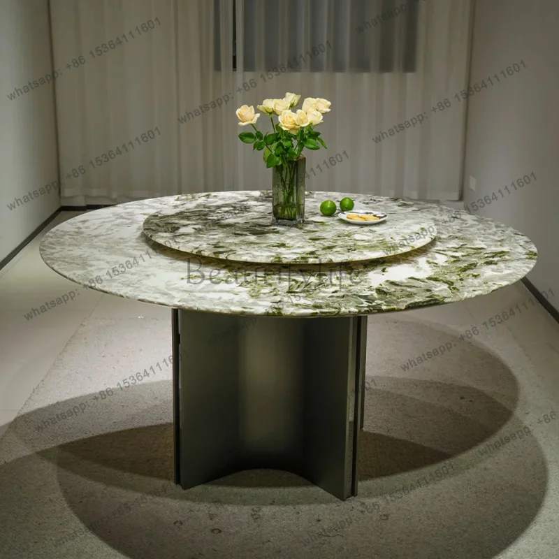 Green diamond natural luxury stone dining table Italian minimalist villa marble modern with turntable