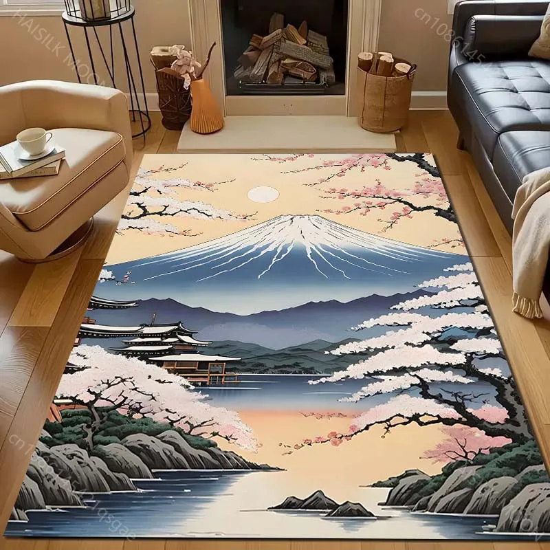 Mount Fuji Sakura Japanese Lake Scene Print Rug Carpets for Bedroom Living Room Sofa Mat Creative Door Mat Cloakroom Home Decor