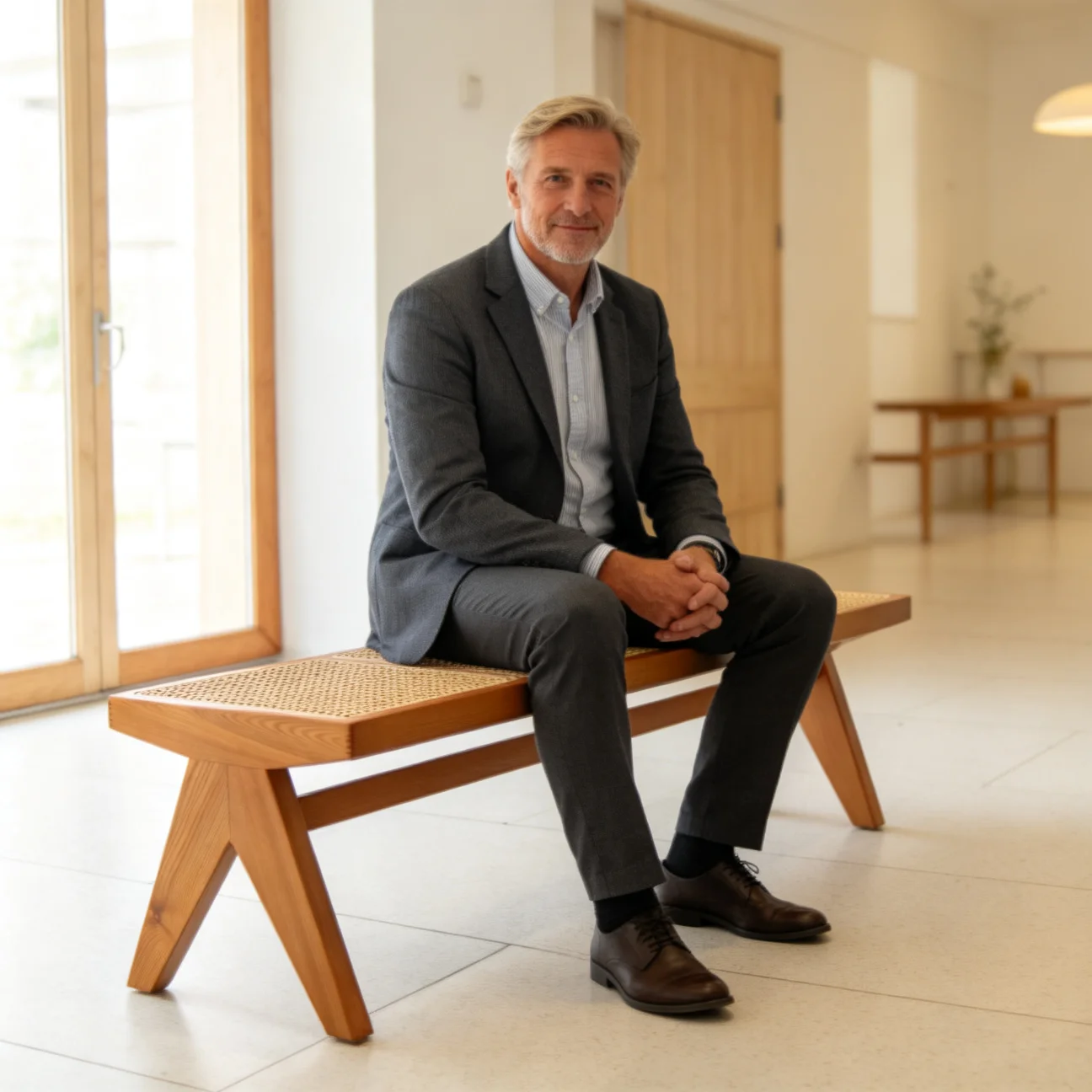 ！@Minimalist Natural Rattan Caned Top Solid Wood Bench for Multi-Use Stool