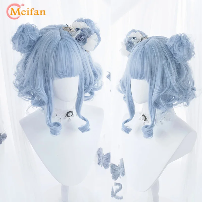 MEIFAN Synthetic Short Lolita Cosplay Christmas Halloween Bob Wave Curly Wig Harajuku Female Wig with Air Bang Natural Fake Hair