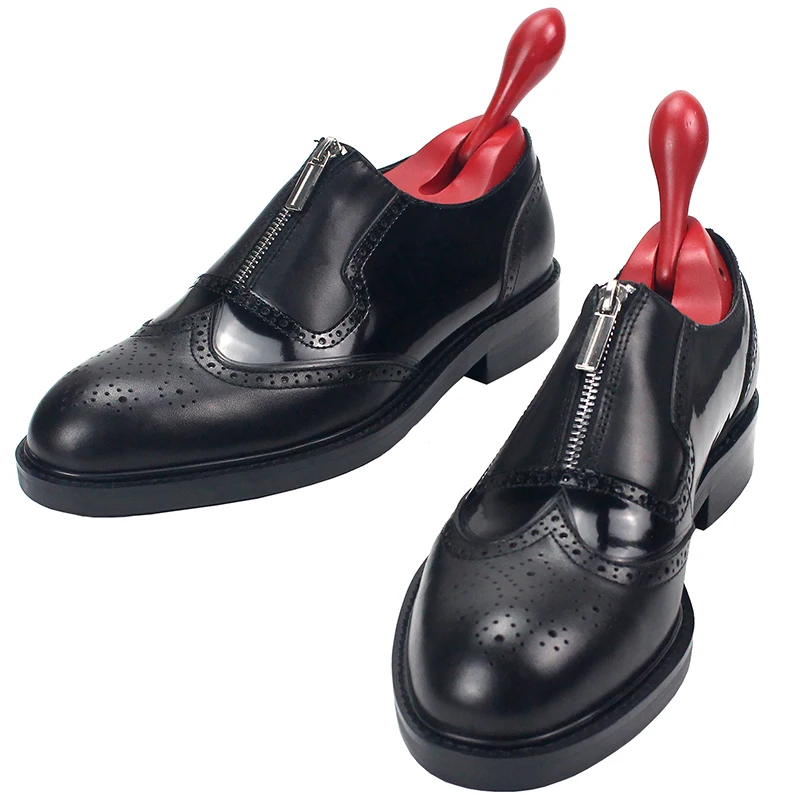 Men Brogue Slip on Leather Shoes Zipper Carved Black Office Dress Wedding Shoes Youth Casual Genuine Leather Oxfords
