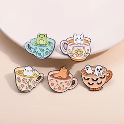 Creative Coffee Cup Animal Collection Enamel Pins Ghost Duck Capybara Frog Brooch Lapel Badge Cute Halloween Jewelry Kid Gift  ﻿