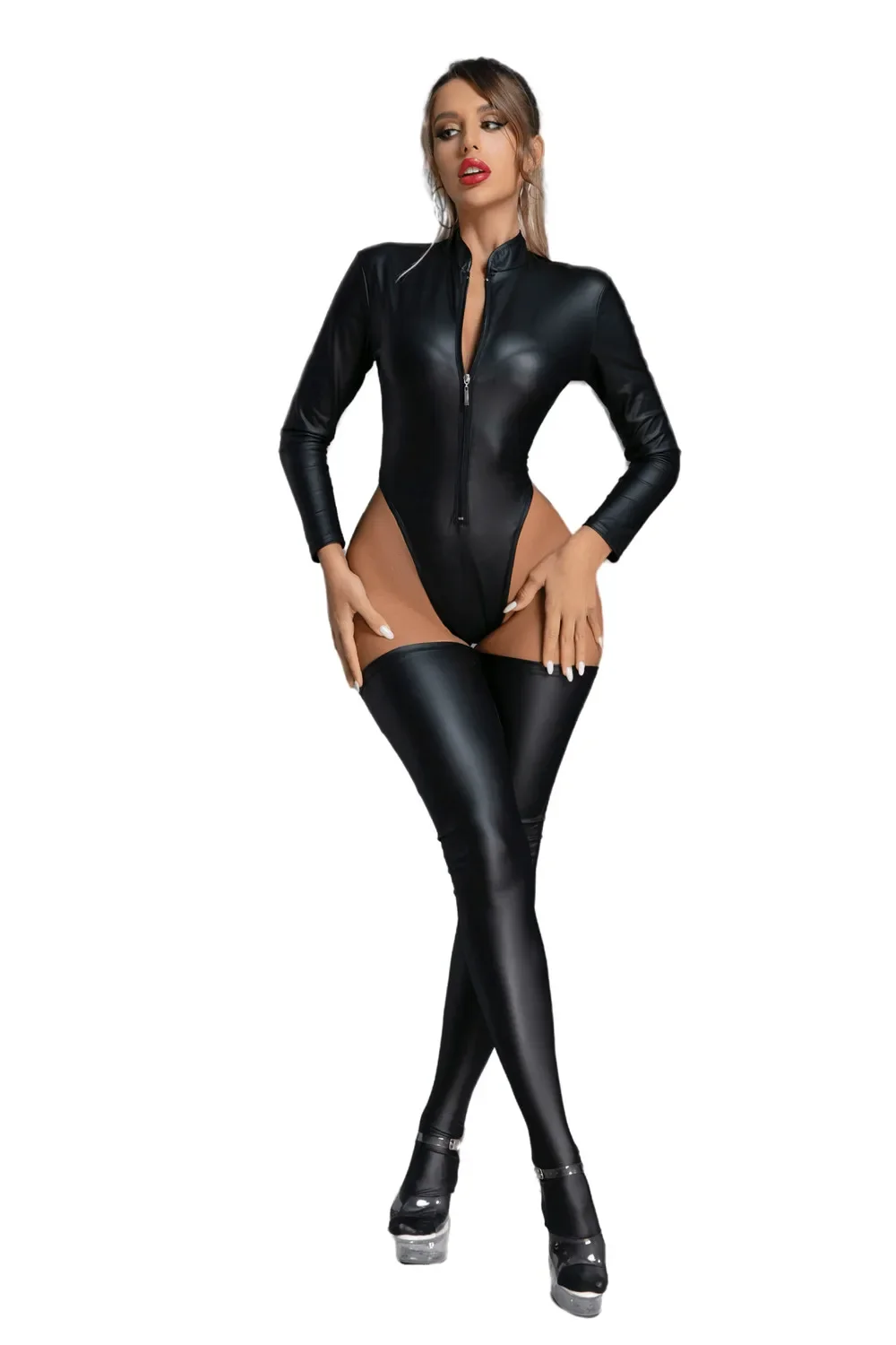 Women Sexy Lingerie PVC Wetlook Faux Leather Bodysuit Long Sleeve Latex Catsuit with Stocking Fetish Clubwear Wear Sexy Costumes