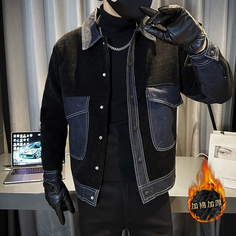 

2023 Winter Fashion Denim Patchwork Woolen Jacket Men Loose Casual Business Coat Loose Social Streetwear Overcoat Men Clothing