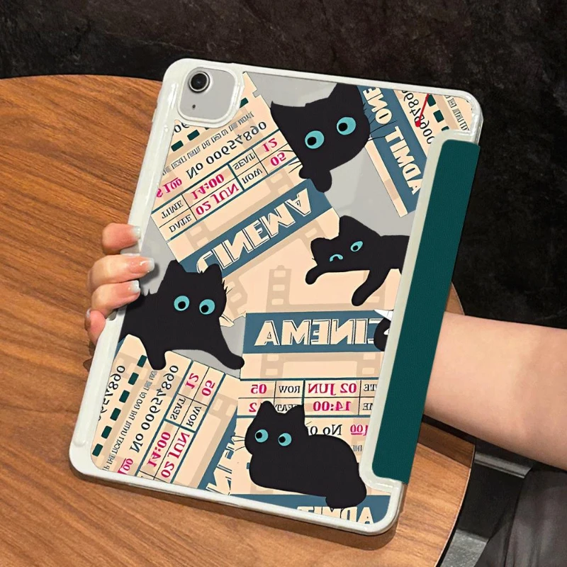 Tablet Case for IPad Pro 11 2022 IPad Air 5 Air 4 10.9 10.2 9th 8th 7th Ipad Pro 10.5 Black Kitten Print Literary Vintage Style