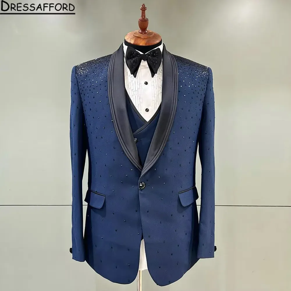 

Blue Glitter Crystal Groom Wedding Tuxedos 2 Pieces Formal Suits Men Custom Made Black Prom Blazer Sets Male Fashion