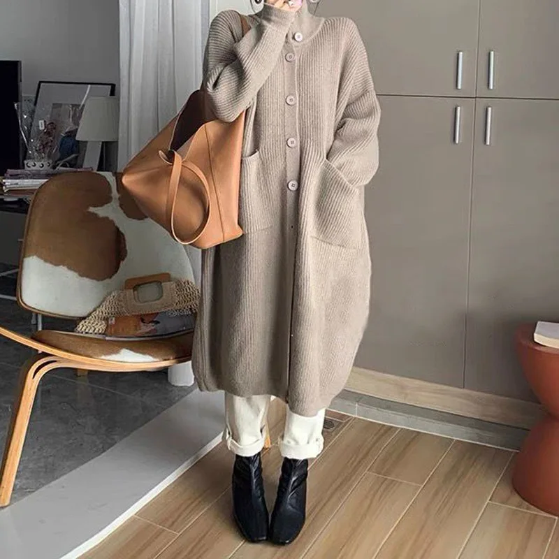 Vintage Thicken Warm Solid Winter Sweater Coat Loose Long Cardigan Women Korean Style Jacket Casual Knit Cardigans for Women