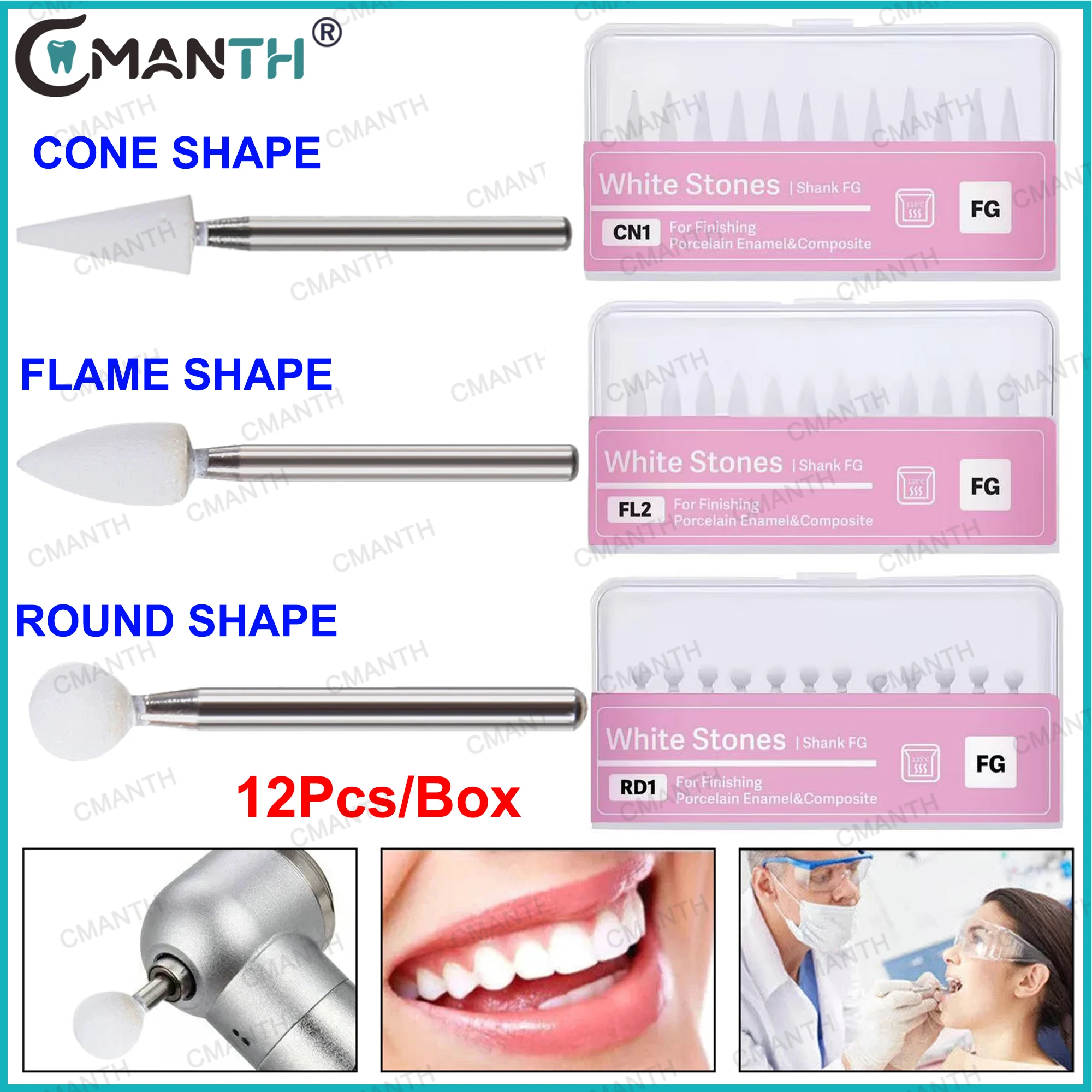 

Dental Flame Cone Round White Stone Polisher FG Sandstone Grinding Head for Polishing Dentistry Clinic Resin Porcelain 12Pcs/Box
