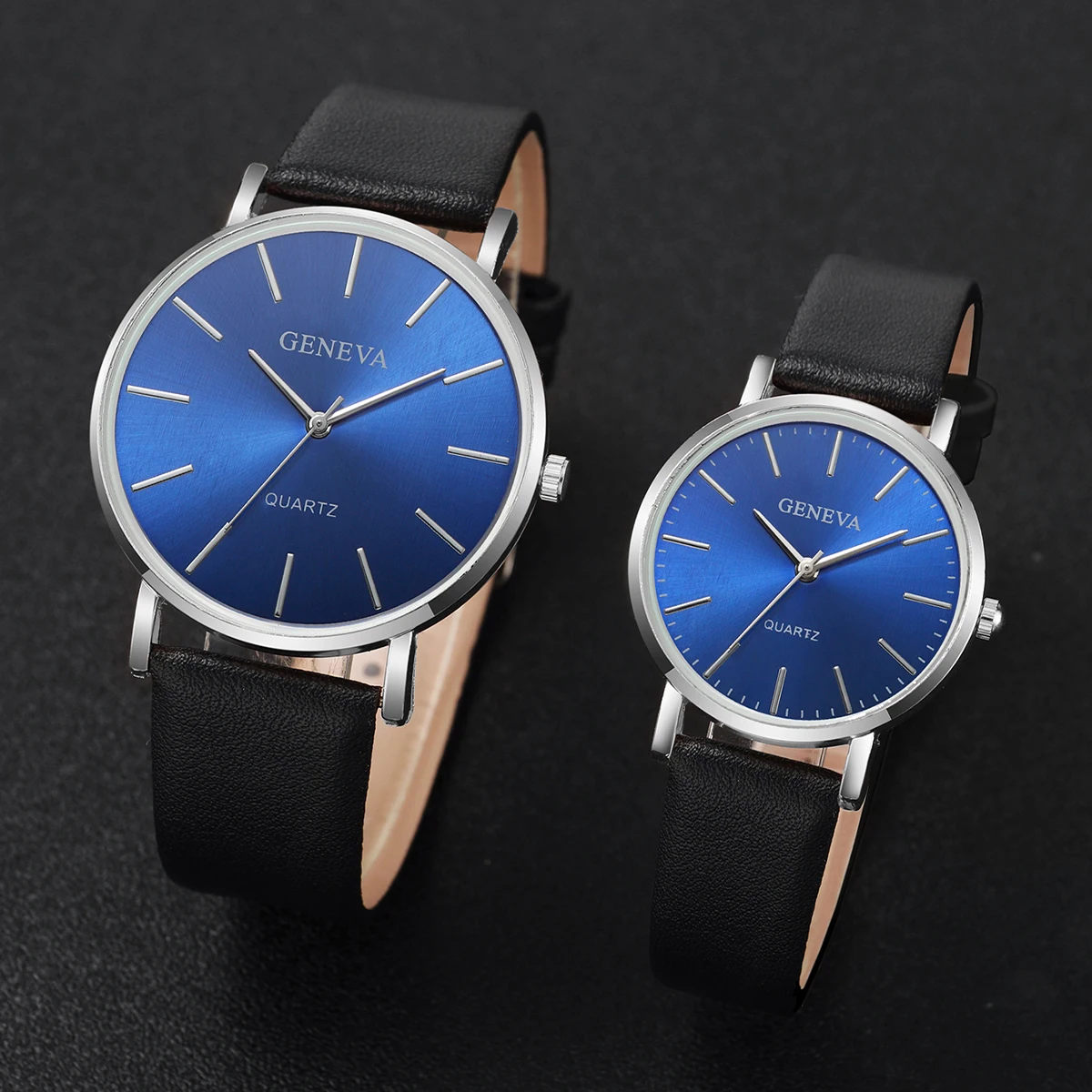 2PCS Couple\'s Watches Fashion Blue Dial Women Quartz Watch Men Leather Band Wristwatches