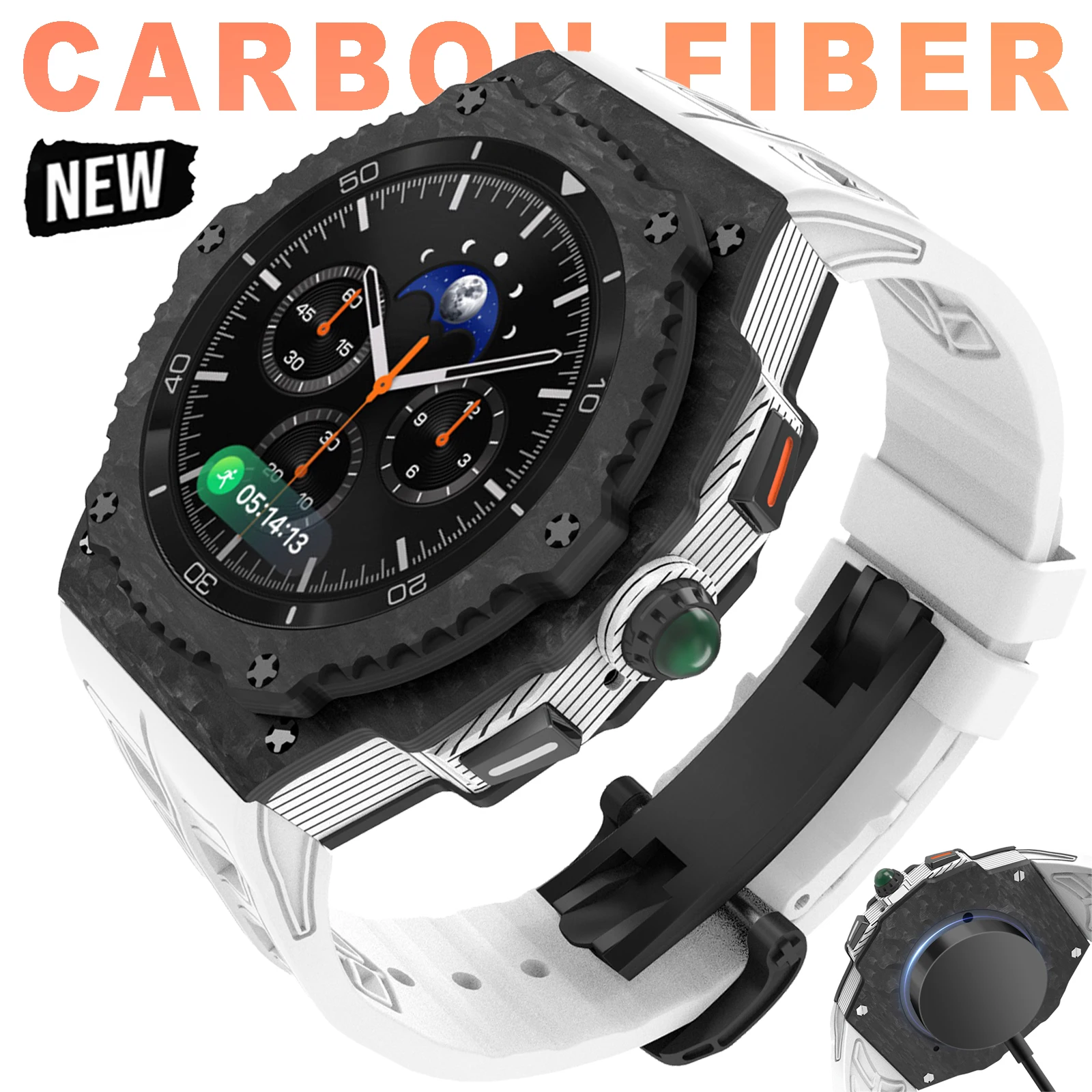 

Luxury Carbon Fiber Case Modification Kit for Samsung Galaxy Watch 8 Classic 46mm Fluororubber Rubber Strap Mod Kit