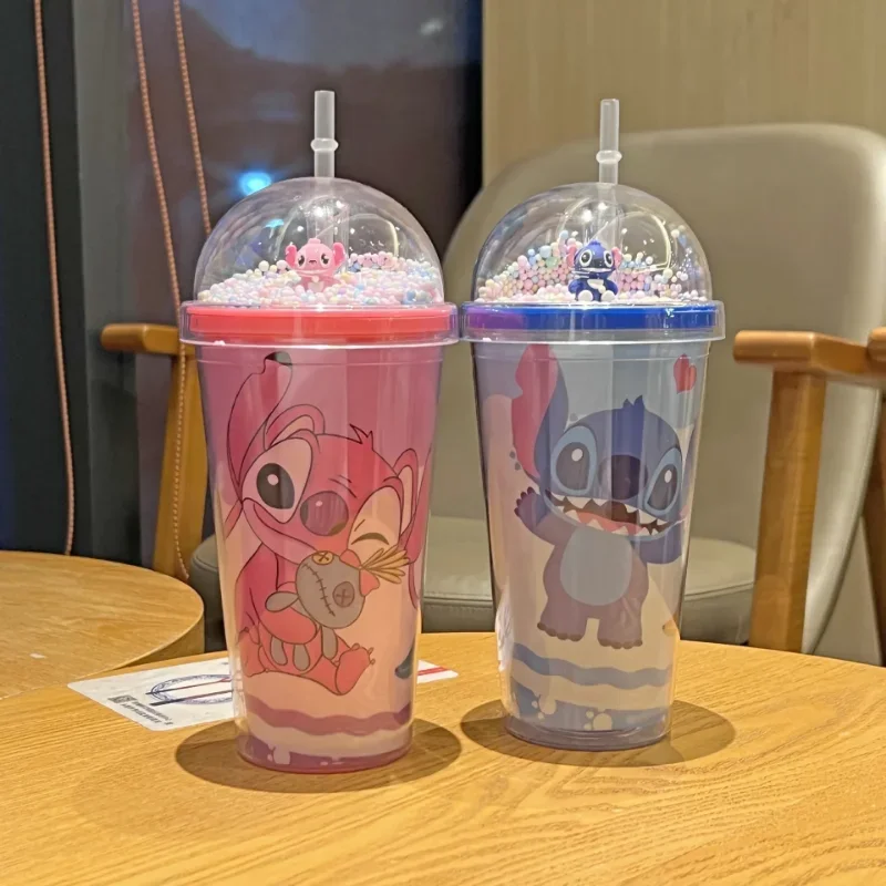 Disney 450ML Lilo & Stitch tazza d'acqua in plastica a doppio strato con cannuccia tazza regalo creativa portatile per tè al caffè al latte tazza pratica