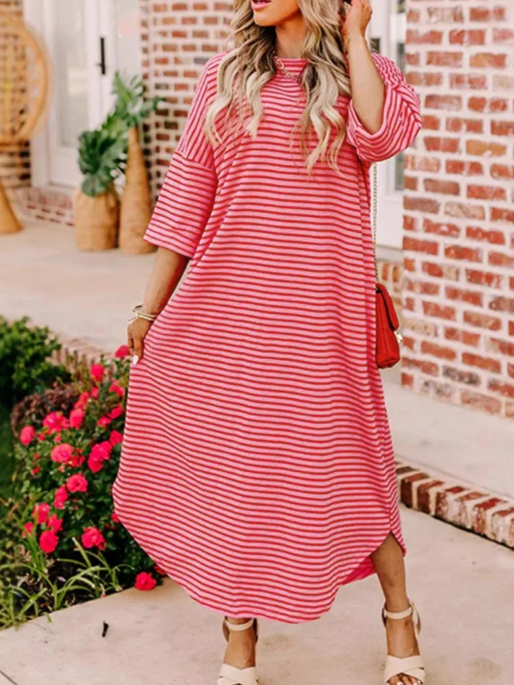 Robes rayées pour femmes, nouvelle mode coréenne, mi-longue, manches courtes, longueur aux genoux, t-shirt ample, robes décontractées pour le bureau, été 2025