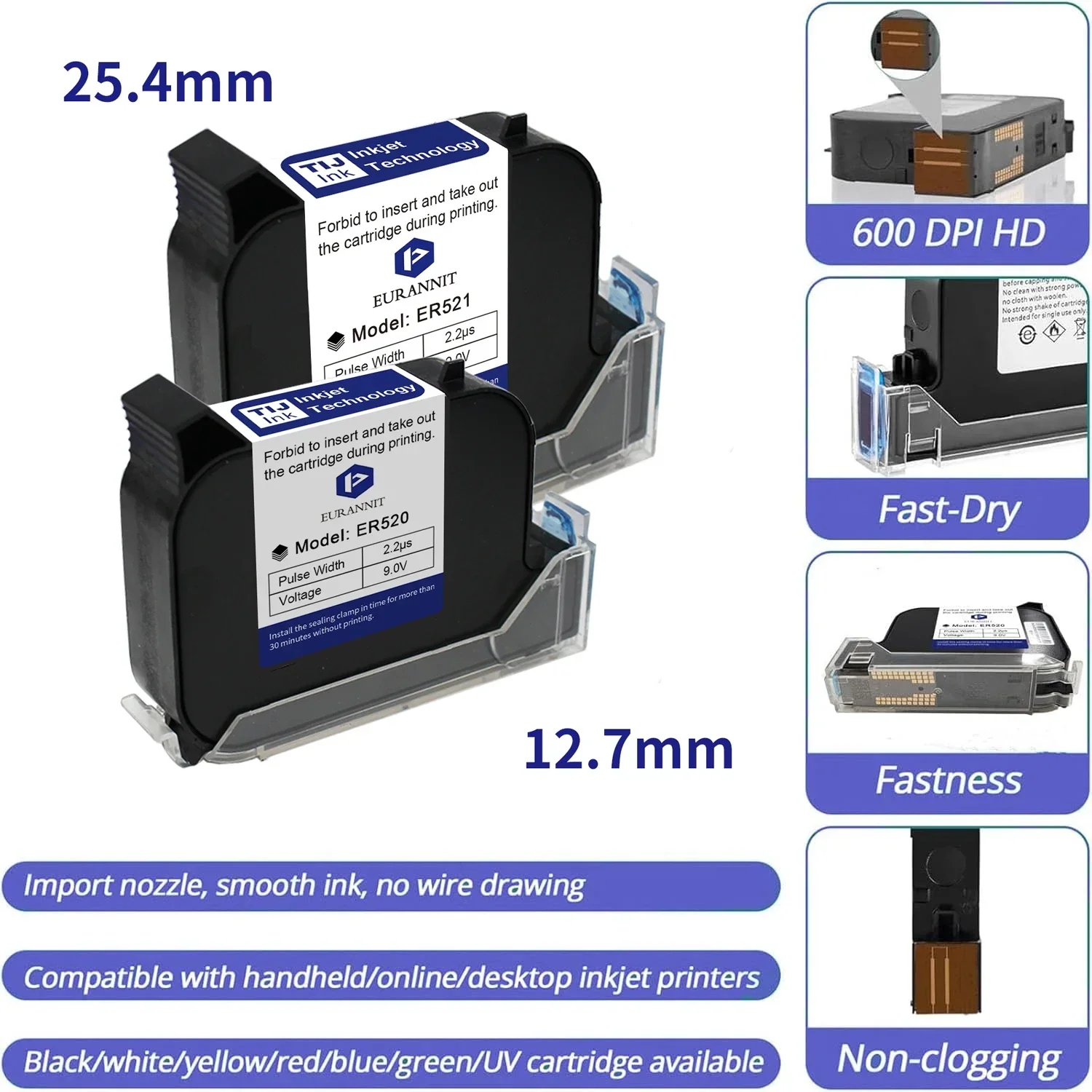 EURANNIT 12.7/25.4mm Thermal Inkjet Printer Cartridge Fast Drying White Red Yellow Blue Green Water-proof Solvent Ink Cartridges